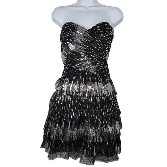 Vintage Roberta Sequin Cocktail Mini Dress Sweetheart Silver Black Size 7/8 - Picture 1 of 11